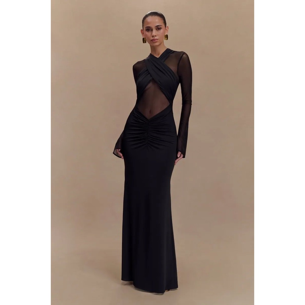 MESHKI Tania Black Mesh Cutout Fishtail Maxi Evening Dress Size S